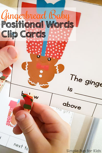 Help your kindergartener work on reading positional sight words with these cute printable Gingerbread Baby Positional Words Clip Cards!