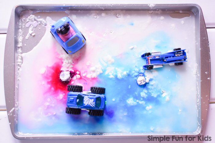 We love simple low-mess sensory play for toddlers, preschoolers, and kindergarteners! My 2-year-old added his own personal spin on this Goopy Car Park Sensory Play activity and had an absolute blast! Goop only requires 3 simple ingredients that you probably have on hand right now.