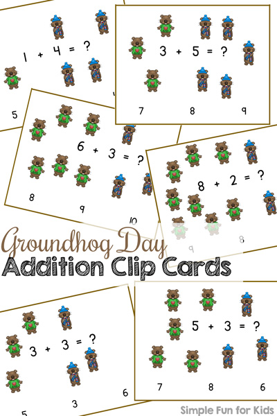 Practice basic math facts and fine motor skills with these cute printable Groundhog Day Addition Clip Cards! Includes addition facts up to 10, just right for kindergarteners. (Part of the 7 Days of Groundhog Day Printables for Kids series.)