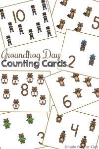 Practice counting up to 12 with these cute printable Groundhog Day Counting Cards! Great for practicing 1:1 correspondence with a few manipulatives or as flash cards. I use numbers 1-4 with my toddler and have lots of room to extend the numbers by the time he starts preschool. (Part of the 7 Days of Groundhog Day Printables for Kids series.)