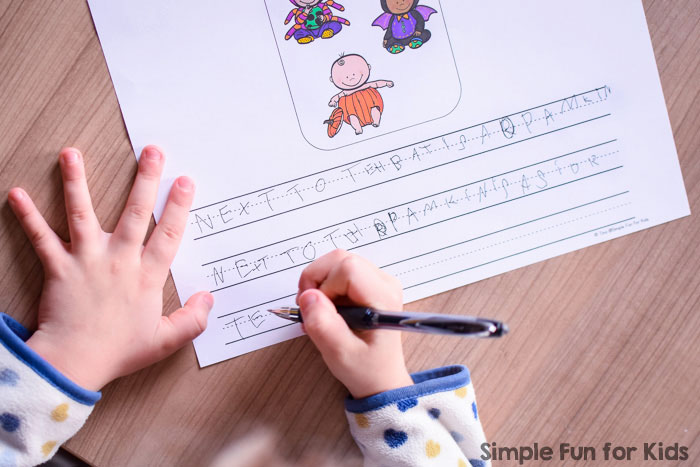 Give kindergarteners as much or as little help as they need when they start writing their own sentences: These printable Halloween Costumes Writing Prompts for Beginners include four variations.