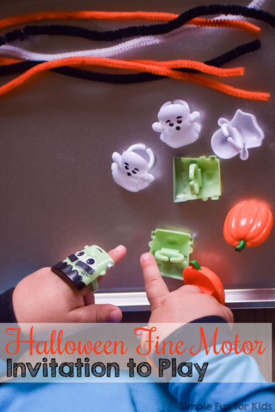 My toddler loved this fun, simple, no-mess Halloween Fine Motor Invitation to Play using Halloween rings and pipe cleaners! Great for preschoolers, too.