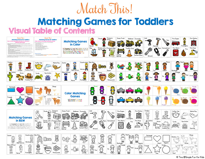 All of the matching games for toddlers you could ever want: matching numbers, words, shapes, colors with fun themes like firefighters, cowboys and cowgirls, construction vehicles, tools, ocean creatures, cars, bees, community helpers, and more! This Match This! Toddler Matching Games Ebook contains 30 different matching games that you can mix and match and extend at any time.