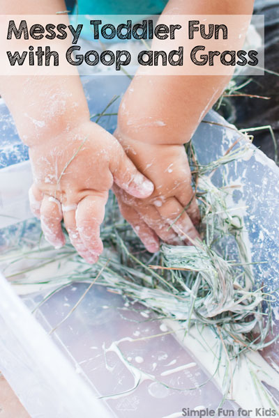 Goop is a super simple sensory material with interesting properties, and it was perfect for this Messy Toddler Fun with Goop and Grass activity that kept my son busy for a long time!