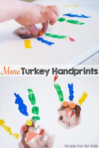 Crafts for kids: Make more turkey handprints quickly and simply with your kids to decorate for Thanksgiving! Great for toddlers, preschoolers, and kindergarteners!