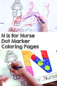 Help your toddler or preschooler learn his or her letters with these printable N is for Nurse Dot Marker Coloring Pages! Simply print out and start working on it, no preparation required.
