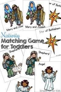 Learn about the original Christmas story and build vocabulary with this simple Nativity Matching Game for Toddler! (Day 23 of 24 Days of Christmas Printables for Toddlers.)