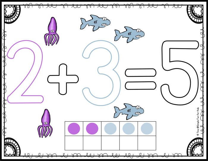 Once your kids have counting down pat, it's time to delve into addition. This Ocean Creatures Addition Printable Ebook includes ten different addition activities perfect for math centers for kindergarten or to play with at home.