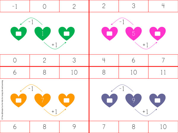 Free Printables for Kids: Improve your kindergartner's number sense with these One More, One Less Hearts Clip Cards! Perfect for Valentine's Day or just any day.
