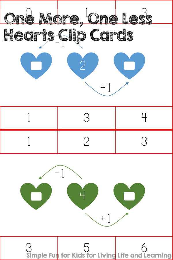 Free Printables for Kids: Improve your kindergartner's number sense with these One More, One Less Hearts Clip Cards! Perfect for Valentine's Day or just any day.
