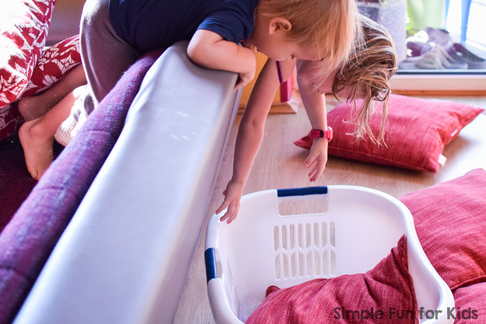 Simple indoor gross motor activity that burns a ton of energy without making a mess: Pillow throw, great for toddlers, preschoolers, kindergarteners, and anyone you want to tire out ;)