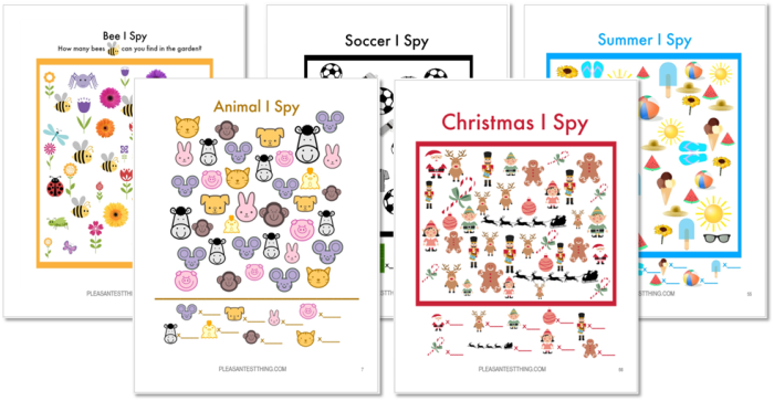 I Spy Ebook by pleasantestthing.com: 60 different fun and engaging printable I Spy games with different levels of difficulty. Answer keys and many ideas for playing are included! Great quick and simple boredom busters for toddlers, preschoolers, and kindergarteners.