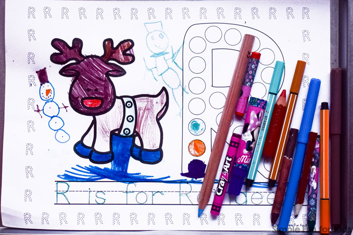 Learn a new letter or review letter R with these cute no-prep printable R is for Reindeer Dot Marker Coloring Pages. (Day 12 of 24 Days of Christmas Printables for Toddlers.)