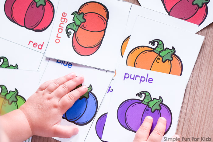Toddlers can learn and review colors with this printable Rainbow Pumpkin Color Matching Game! Simple, large cards and just a few matches, perfect for little hands and minds.