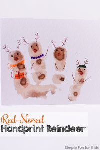 Check out this cute Christmas card with red-nosed handprint reindeer! So cute and simple, and a great keepsake to make with kids of all ages, toddler on up!