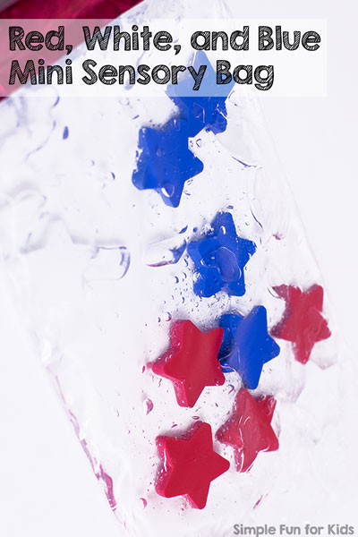 Easy to make and great for little toddler hands or when traveling: Red, White, and Blue Mini Sensory Bag! Perfect for the 4th of July or for kids learning their colors.