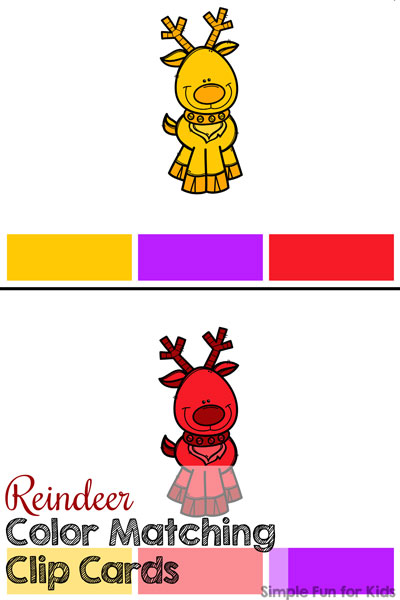Learn and practice color recognition with these cute printable Reindeer Color Matching Clip Cards! (Day 5 of 24 Days of Christmas Printables for Toddlers.)