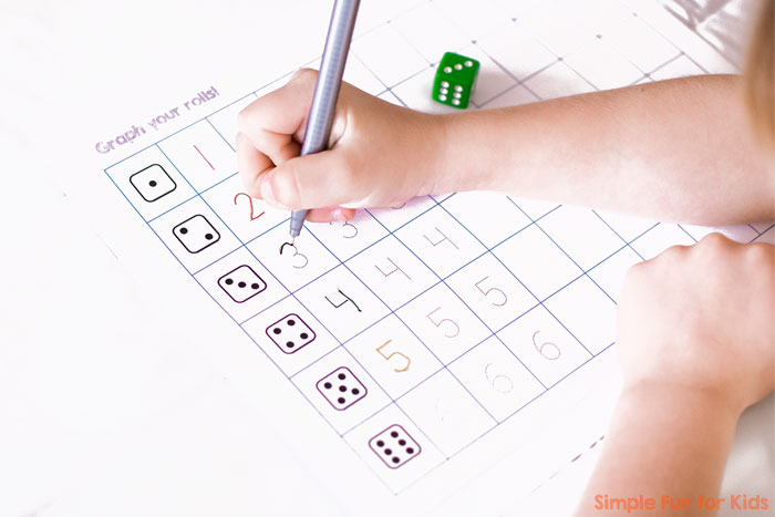 Get an introduction to graphing and math concepts like counting, comparison, and even probability with this fun and simple printable Roll Graphing Game! It's also a great way to practice writing numbers from 1-6 for preschoolers and kindergarteners.