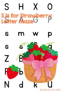 Help preschoolers learn their letters with letter mazes! Try this S is for Strawberry Letter Maze, or click through for mazes for all letters, numbers, and the alphabet!