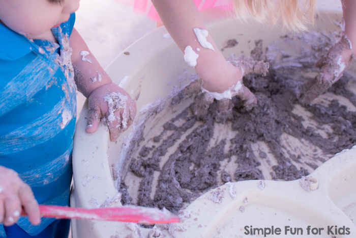 Combining shaving cream and sand should have been a no brainer - they're our very favorite sensory materials, after all! It took a while for us to get around to it, but once we did, my preschooler and my toddler absolutely adored Sand Foam Sensory Play! It was so quick and simple to set up and entertained the siblings for a long time.