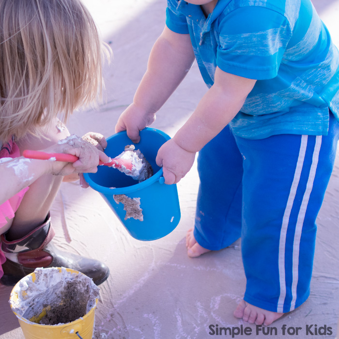 Combining shaving cream and sand should have been a no brainer - they're our very favorite sensory materials, after all! It took a while for us to get around to it, but once we did, my preschooler and my toddler absolutely adored Sand Foam Sensory Play! It was so quick and simple to set up and entertained the siblings for a long time.