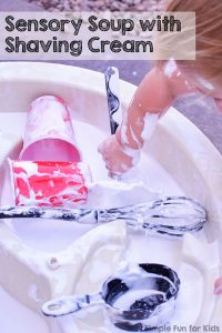 We made super simple sensory soup with shaving cream that was great fun for both my toddler and my kindergartener! It kept both siblings entertained for quite a long time, and the mess was very easy to clean up.