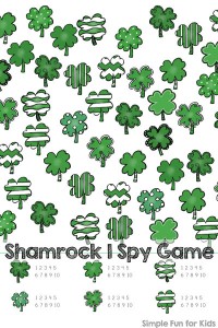 Printable Games for Kids: Practice counting, visual discrimination, number recognition, and more with this Shamrock I Spy game! A fun quick and simple math game with a St. Patrick's Day theme for toddlers, preschoolers, and kindergartners.