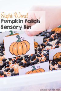 Flash cards for learning sight words? How boring! Not if you stick them in a box and make a simple Sight Word Pumpkin Patch Sensory Bin with rice and beans! My preschooler had lots of fun with it!