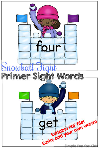 Help your elementary student or kindergartener learn sight words with these Snowball Fight Primer Sight Words! All of the primer sight words are included as well as an editable page where you can add your own words. Perfect for sensory bins, flash cards, memory games, and more!