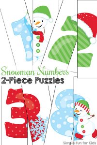Does your toddler love puzzles? Use them as an introduction to number recognition with these cute printable Snowman Numbers 2-Piece Puzzles! (Day 4 of the 24 Days of Christmas Printables for Toddlers.)