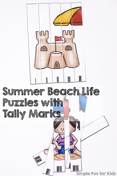 Does your kindergartener know how to count with tally marks? My daughter thinks they're really fun, and it's a useful skill to have in real life! Try these printable Summer Beach Life Puzzles with Tally Marks as an introduction to or review of the concept!