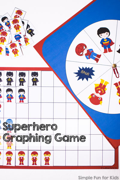 This is a super fun introduction to graphing! Spin and race superheroes to fill up the page with this printable Superhero Graphing Game Printable! Fun and educational for preschoolers and kindergarteners.