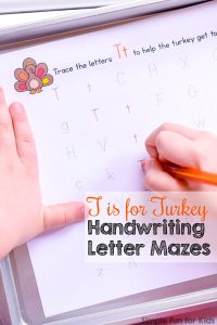 Practice writing letters with a Thanksgiving theme using these cute no-prep printable T is for Turkey Handwriting Letter Mazes! Perfect for older preschoolers and kindergarteners.