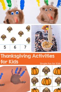 Check out all of the Thanksgiving Activities for Kids on Simple Fun for Kids! Sensory activities for toddlers, handprint crafts, printables for preschoolers, and more!
