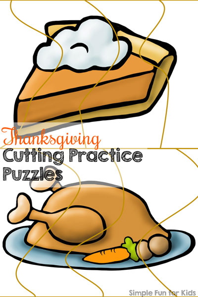 Give greater purpose to your preschooler's or kindergartener's scissor skills practice with these fun and simple printable Thanksgiving Cutting Practice Puzzles! Great fine motor practice and fun puzzles rolled into one!