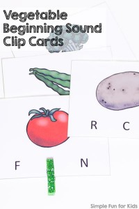 Simple literacy activities for kids: Practice phonics with these Vegetable Beginning Sound Clip Cards for preschoolers and kindergartners!