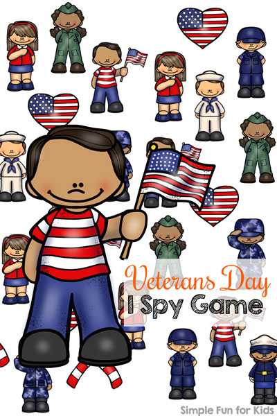 Teach your preschoolers and kindergarteners about the branches of the US military or add to your Veterans Day lessons with this simple printable Veterans Day I Spy Game! Also perfect for other patriotic holidays.