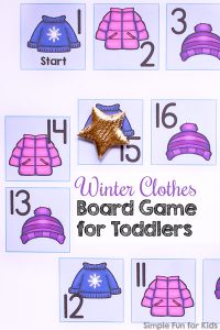 Want to try your toddler's first board game? This cute Winter Clothes Board Game for Toddlers is a super simple introduction to taking turns and moving a pawn from start to finish. (Day 24 of the 24 Days of Christmas Printables for Toddlers)