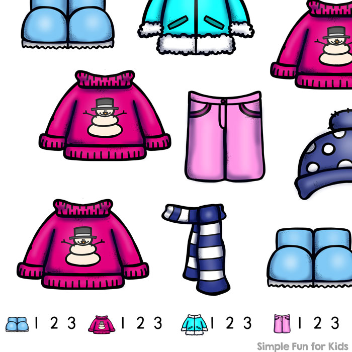 This super simple I spy game is perfect for introducing toddlers to counting to 3, one to one correspondence, visual discrimination, and more: Winter Clothes I Spy Game for Toddlers! (Day 21 of the 24 Days of Christmas Printables for Toddlers.)