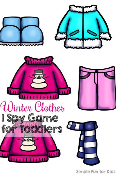 This super simple I spy game is perfect for introducing toddlers to counting to 3, one to one correspondence, visual discrimination, and more: Winter Clothes I Spy Game for Toddlers! (Day 21 of the 24 Days of Christmas Printables for Toddlers.)