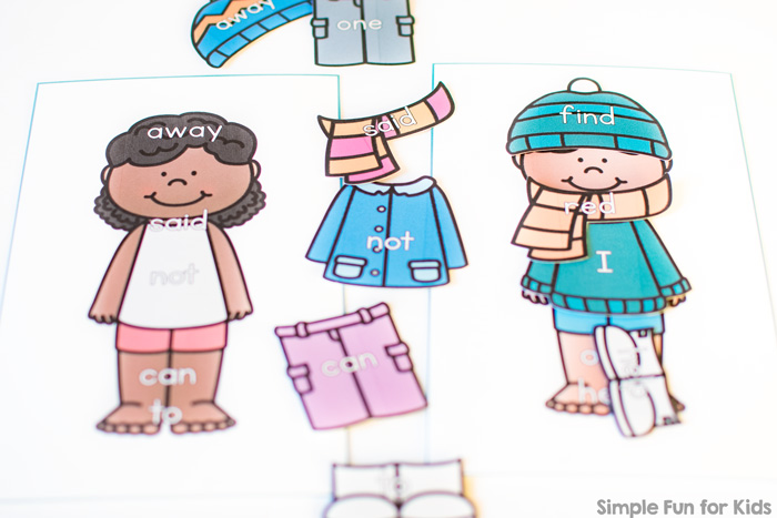 Have fun dressing up paper dolls while reviewing sight words with this cute printable Winter Clothes Pre-Primer Sight Word Match! Perfect for preschoolers and kindergarteners who are learning to read! Also works great in a busy bag you can take along for situations where you need a boredom buster.