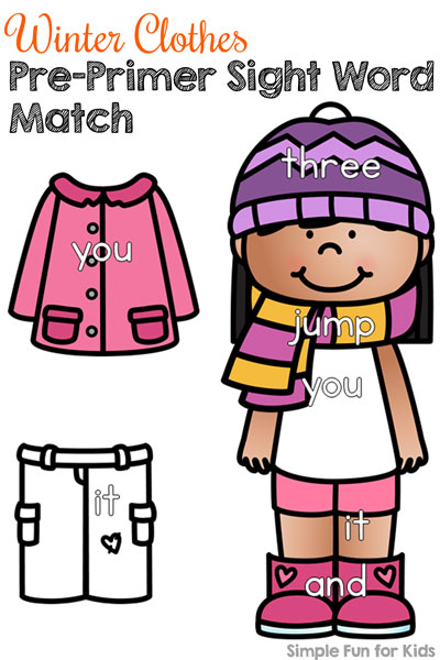 Have fun dressing up paper dolls while reviewing sight words with this cute printable Winter Clothes Pre-Primer Sight Word Match! Perfect for preschoolers and kindergarteners who are learning to read! Also works great in a busy bag you can take along for situations where you need a boredom buster.