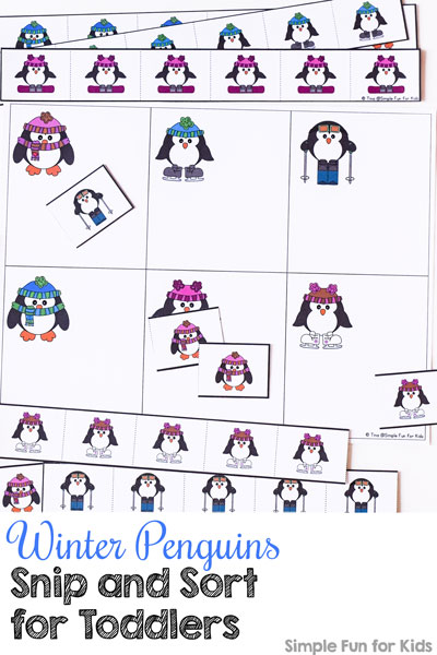 Cutting and sorting practice for toddlers all rolled into one with this cute Winter Penguins Snip and Sort printable. (Day 8 of the 24 Days of Christmas Printables for Toddlers.)